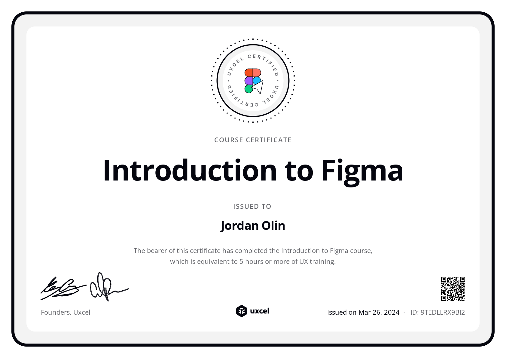 Jordan Olin's certificate